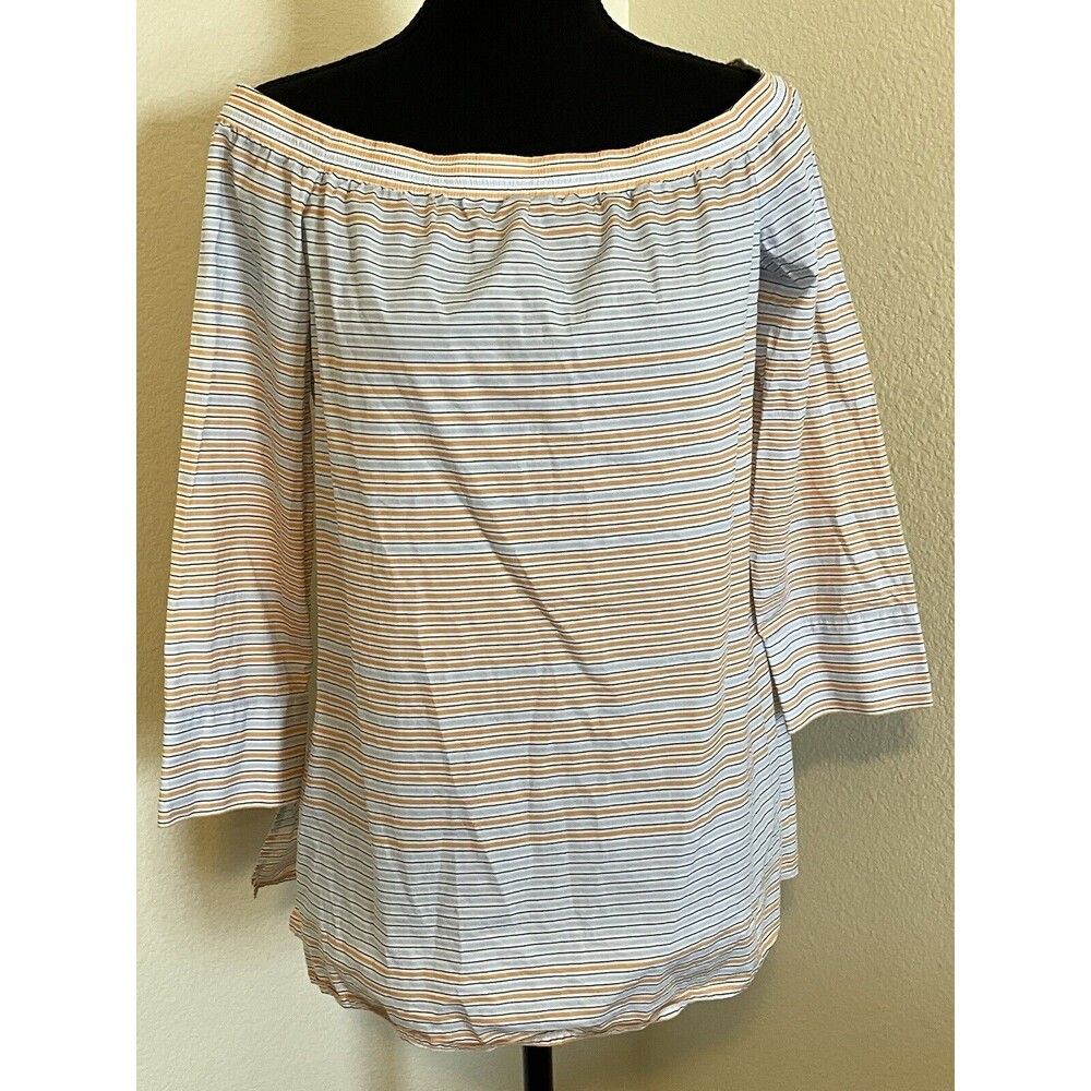 Lafayette 148 Cotton Top Stripes Orange Blue Cotton 3/4 Sleeve Medium